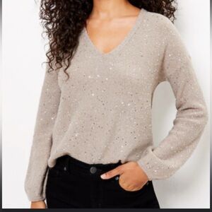 Loft Sequin Double V Sweater Color: Taupe Sand Melange NWOT